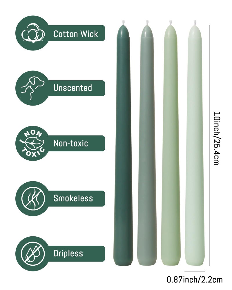 Viyffo Taper Candles 10 Inch Green Set of 4 Unscented  Dripless  Smokeless Long Tall Tapered Candlesticks Wedding Advent Home Decor Dinner Christmas-Natural Color Series - Image 4